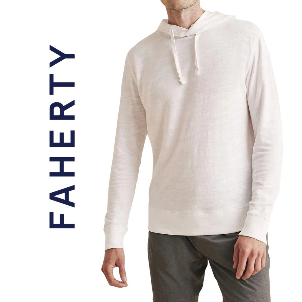 Faherty, Sunwashed Organic Cotton Hoodie White Mens Medium Slub Knit Pullover